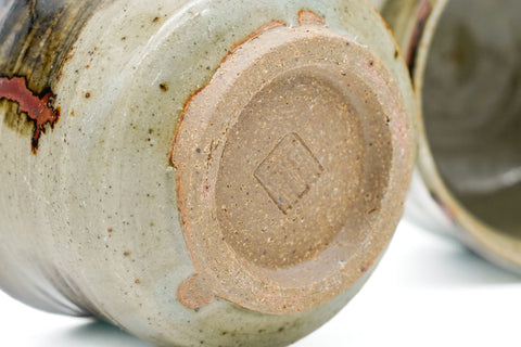 Japanese Teacups - Pair of Abstract Beige Brown Glazed Meoto Yunomi