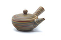 Tokoname-yaki side-handle teapot (kyusu) with marbled nerikomi clay in swirling yellow, green and brown, side handle to the right.