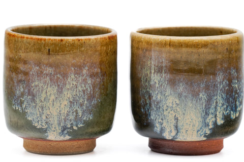 Japanese Teacups - Pair of Brown Blue Hare's Fur Glazed Yunomi - 80ml