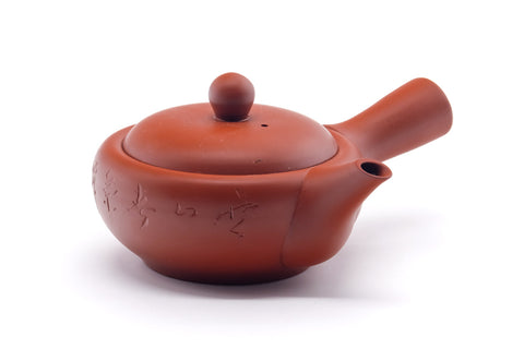 Three-quarter view of the engraved kyusu showing the side handle and lid
