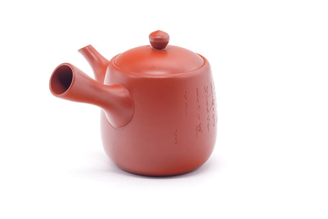 Top view of the teapot showing the side handle, spout and lid.