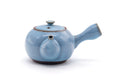 Side view of the blue side-handled teapot with the spout to the left and handle to the right.