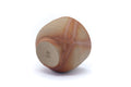Underside of the Bizen guinomi, showing the unglazed clay base, hidasuki marks and an impressed maker's stamp.