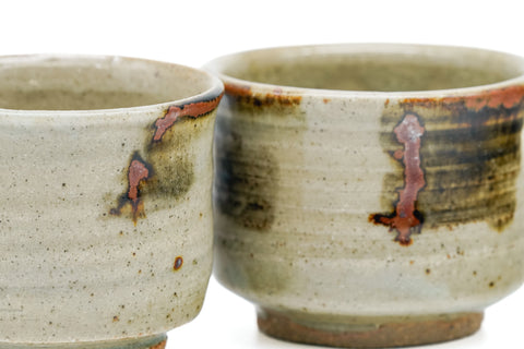 Japanese Teacups - Pair of Abstract Beige Brown Glazed Meoto Yunomi