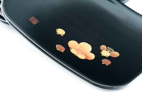 Japanese Meimeizara - Set of 5 Floral Black Lacquer Sharing Plates