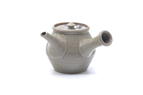 The grey teapot turned so the short side handle faces the viewer, a profile of the body and spout.