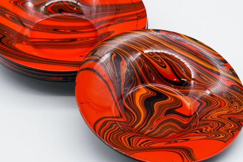 Japanese Chataku - Set of 5 Abstract Wavy Orange Black Tea Saucers