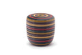 Multi-coloured lacquer natsume matcha caddy with concentric Koma striped rings, lid on.