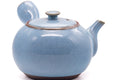 Three-quarter view of the kyusu highlighting the spout and pale blue body.
