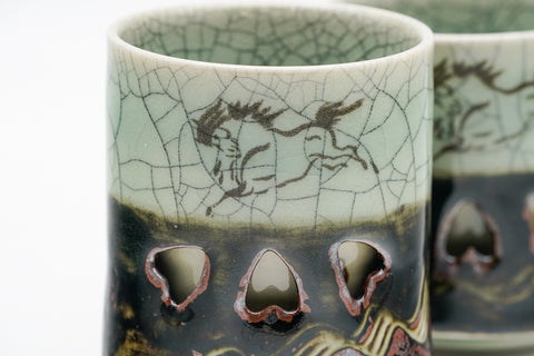 Japanese Teacups - Pair of Obori Soma-yaki Double-Walled Meoto Yunomi