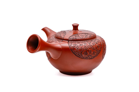 Plum Blossom Engraved Red Shudei Tokoname Teapot - 200ml