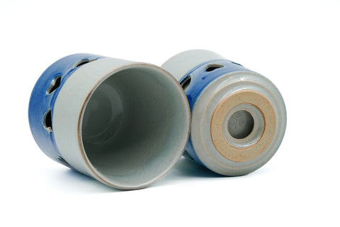 Japanese Teacups - Pair of Blue Obori Soma-yaki Double-Walled Meoto Yunomi