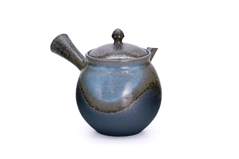 Blue ash-glazed ceramic teapot with a lid