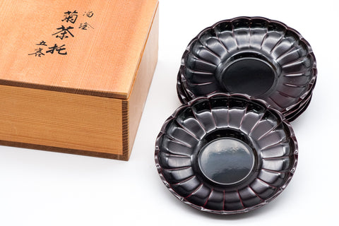 Japanese Chataku - Set of 5 Flower Petal Lacquer Tea Saucers
