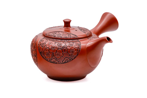 Plum Blossom Engraved Red Shudei Tokoname Teapot - 200ml