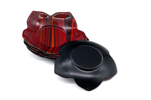 Japanese Chataku - Set of 5 Floral Wavy Red Black Lacquer Tea Saucers