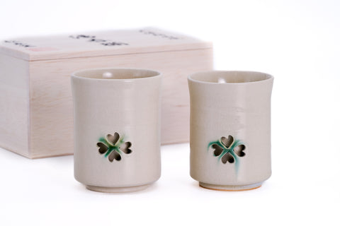 Double-walled Obori Soma-yaki Beige Teacup Pair