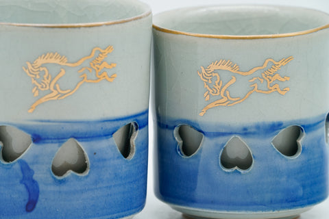 Japanese Teacups - Pair of Blue Obori Soma-yaki Double-Walled Meoto Yunomi