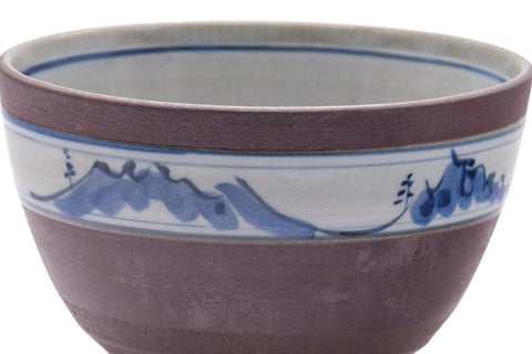 Mountainous-band chawan, side view showing the blue mountain-and-water scene wrapping the rim band