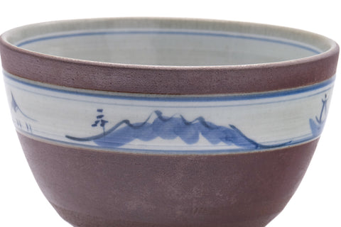 Mountainous-band chawan, opposite side view showing more of the blue landscape band over the purple body