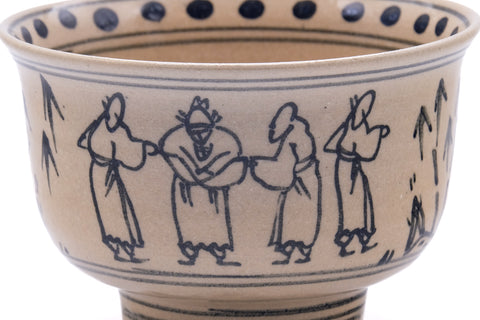 Villagers Annan chawan, side view showing the procession of painted figures and the dotted rim band