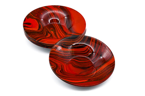 Japanese Chataku - Set of 5 Red Black Lacquer Wavy Tea Saucers