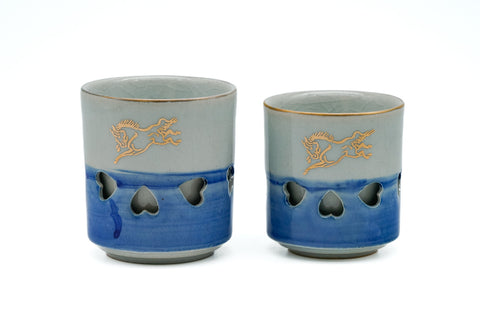 Japanese Teacups - Pair of Blue Obori Soma-yaki Double-Walled Meoto Yunomi