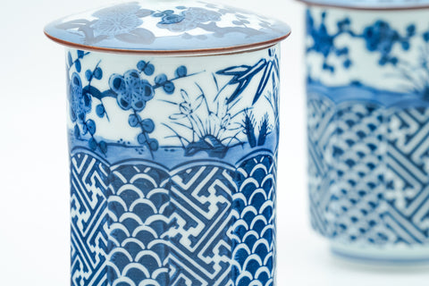 Japanese Teacups - Pair of Blue Arita-yaki Lidded Meoto Yunomi