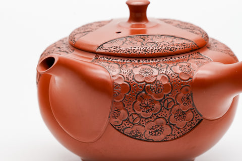Plum Blossom Engraved Red Shudei Tokoname Teapot - 200ml