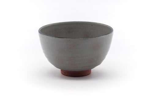 Front view of the chawan showing the grey glaze and rim.