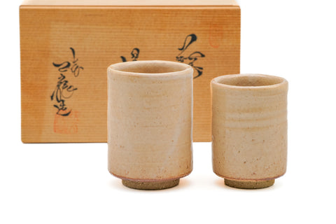 Japanese Teacups - Pair of Beige Meoto Hagi Yunomi