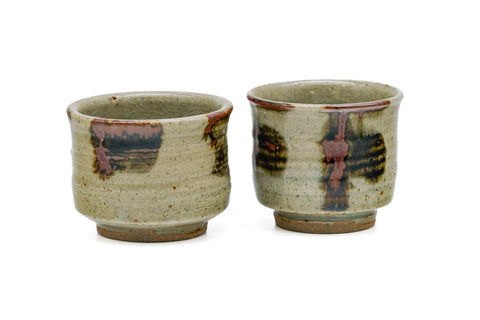 Japanese Teacups - Pair of Abstract Beige Brown Glazed Meoto Yunomi