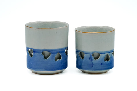Japanese Teacups - Pair of Blue Obori Soma-yaki Double-Walled Meoto Yunomi