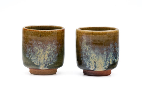 Japanese Teacups - Pair of Brown Blue Hare's Fur Glazed Yunomi - 80ml
