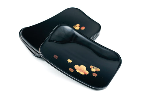 Japanese Meimeizara - Set of 5 Floral Black Lacquer Sharing Plates