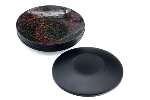 Japanese Chataku - Set of 5 Green-Red Kara-nuri Lacquer Tea Saucers