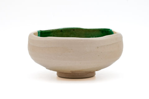 Japanese Matcha Bowl - White Green Drip-Glazed Raku-yaki Chawan
