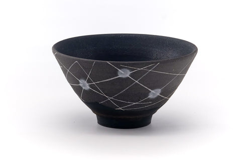 Japanese Matcha Bowl - Abstract Geometric Black Stoneware Chawan - 400ml