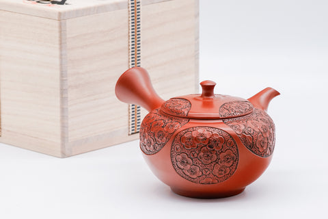 Plum Blossom Engraved Red Shudei Tokoname Teapot - 200ml
