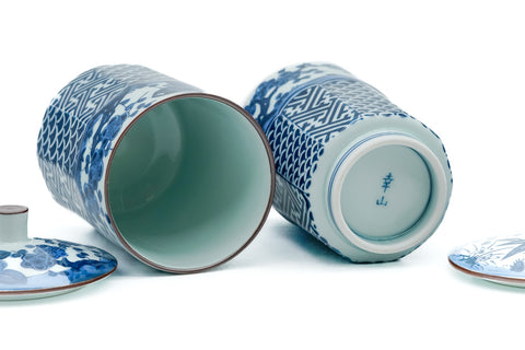 Japanese Teacups - Pair of Blue Arita-yaki Lidded Meoto Yunomi