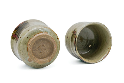 Japanese Teacups - Pair of Abstract Beige Brown Glazed Meoto Yunomi
