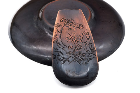 Japanese Chataku - Set of 5 Unique Metal Tea Saucers and Scoop in Wooden Box