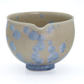 Icy Blue Hanakessho Crystal Glaze Spouted Matcha Bowl - front view showing the pouring spout and blue crystal glaze