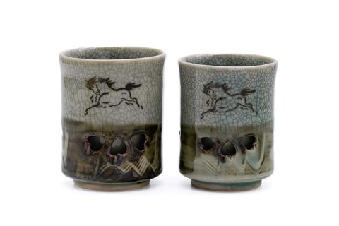 Double-walled Obori Soma-yaki Celadon Teacup Pair