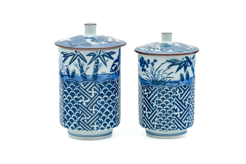 Japanese Teacups - Pair of Blue Arita-yaki Lidded Meoto Yunomi