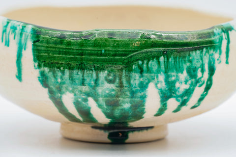 Japanese Matcha Bowl - White Green Drip-Glazed Raku-yaki Chawan