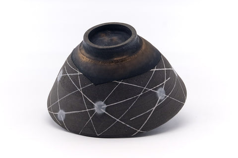 Japanese Matcha Bowl - Abstract Geometric Black Stoneware Chawan - 400ml