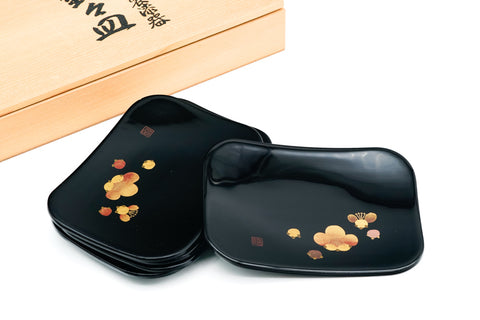 Japanese Meimeizara - Set of 5 Floral Black Lacquer Sharing Plates