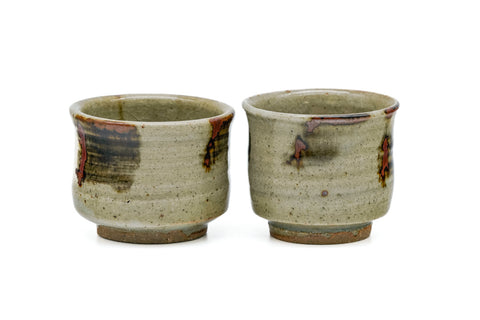 Japanese Teacups - Pair of Abstract Beige Brown Glazed Meoto Yunomi