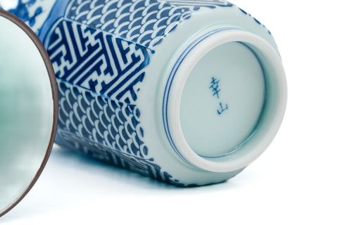 Japanese Teacups - Pair of Blue Arita-yaki Lidded Meoto Yunomi